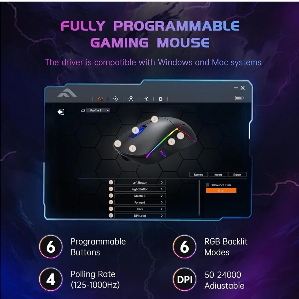 Black wireless Gaming Mouse rechargeable FFJ 24000 DPI, Tri-Mode 2.4G/USB-C new